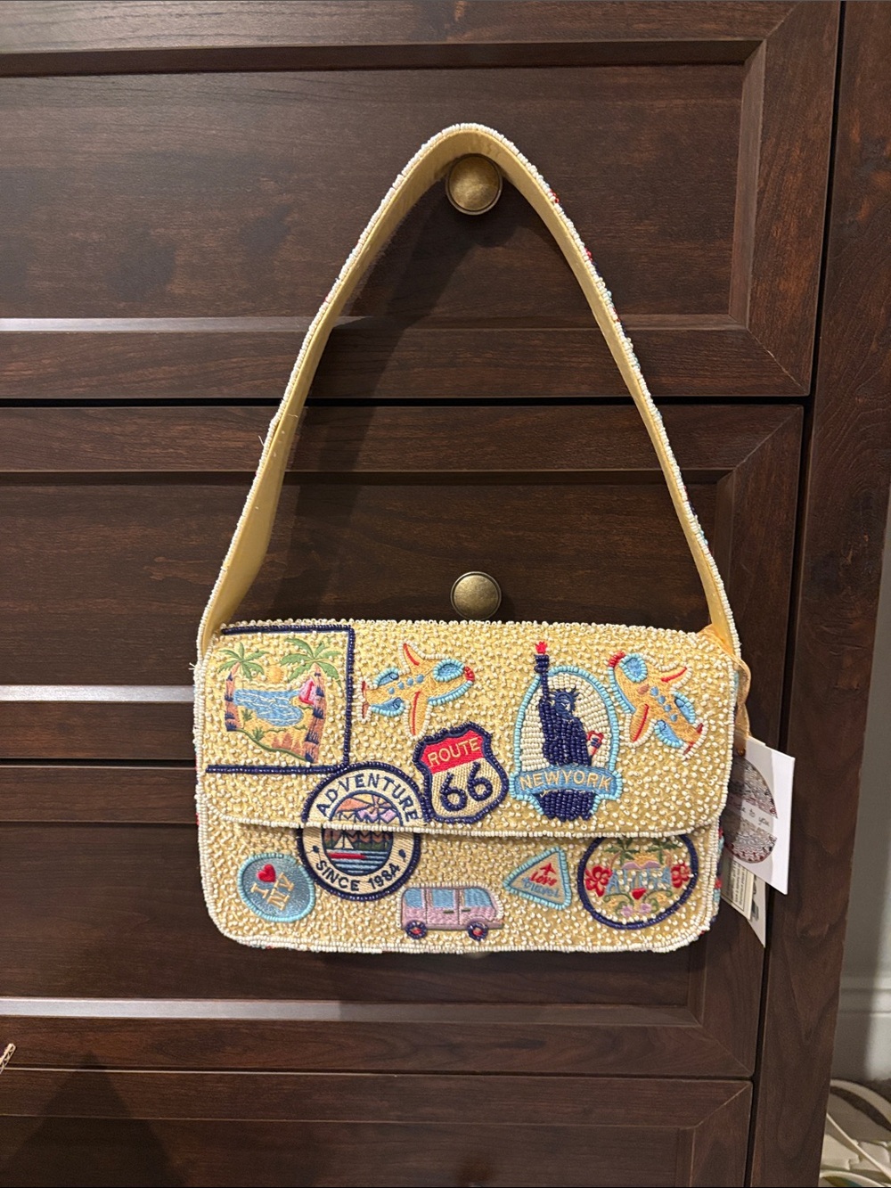 Beaded Patchwork Shoulder Bag in Yellow